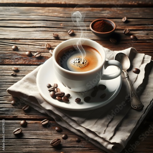  A white cup of steaming hot coffee on a saucer placed on a rustic wooden table.