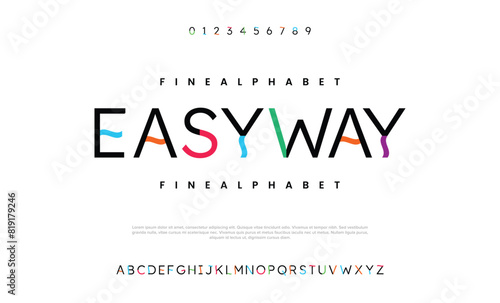 Playful futuristic alphabet with color spots and swash lines, abstract geometric font for technology festival, funky logo, creative headline, art typography, modern typographic design. Vector typeset