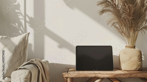 Hyper-realistic iPad mockup Boho minimalist decor, neutral colors