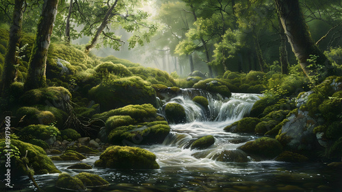 Capture the essence of a babbling brook in a remote forest, where the water dances over mossy rocks in a peaceful, secluded setting. 