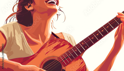 Happy Woman Playing Guitar and Singing - Feel the music with this image of a happy woman playing guitar and singing, perfect for illustrating passion or artistic expression