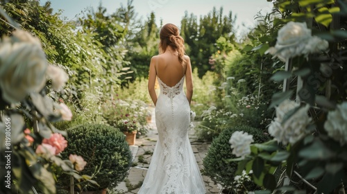 Rear view of a bride in a crepe spaghetti wedding dress walking up a garden walkway. Strapless mermaid wedding dress Mermaid wedding dress, natural light