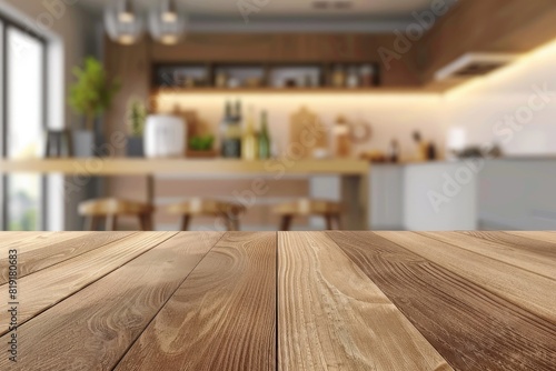 Wooden table in foreground, kitchen in background