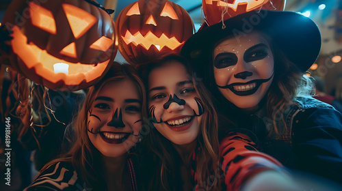 A group of friends in Halloween costumes, posing for a photo at a party