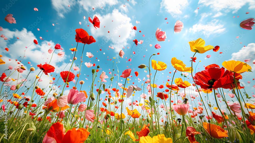 a beautiful field of flowers with flying petals,