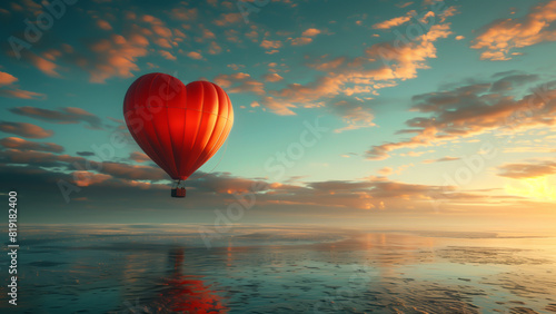 Heart shaped hot air balloon floats across a dreamscape