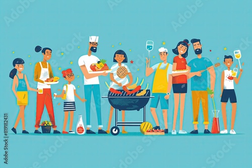 A vibrant cartoon 2D illustration of a family having a barbecue, with a grill, food, and cheerful characters, isolated on a solid light blue background, capturing the fun of outdoor cooking. photo