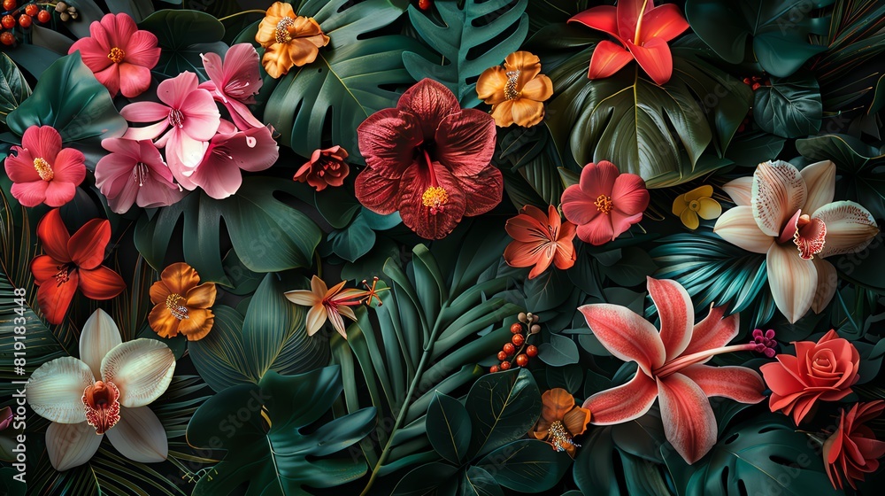 A vibrant botanical illustration featuring an array of exotic flowers and lush plants A vibrant botanical illustration featuring an array of exotic flowers and lush plants