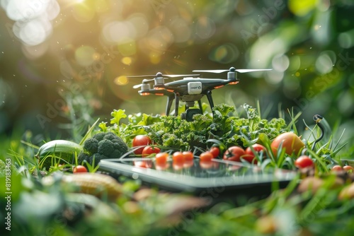 Drone and farm drone for crop production with carrot cultivation in vegetable plot using smart farming techniques for efficient harvest and soil health in agriculture.
