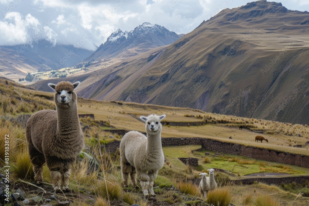 Fototapeta premium A group of sheep standing on a grass covered hillside. Suitable for nature and animal themes