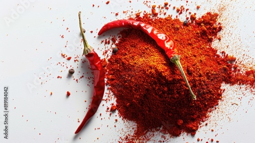 A pile of red chili powder next to a pepper. Suitable for culinary concepts