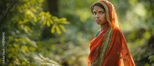 A candid shot capturing the grace of an Indian village woman as she walks through the forest  her colorful traditional attire 