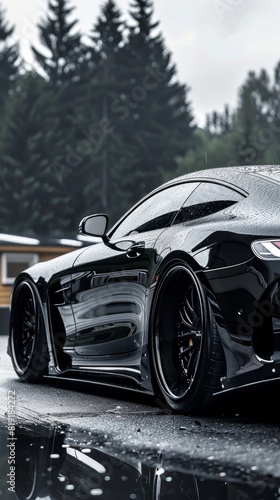 A rain-kissed sports car stands amidst a misty forest, its shiny black surface gleaming with droplets, creating a fusion of technological marvel with the serenity of nature. Adventure and harmony.
