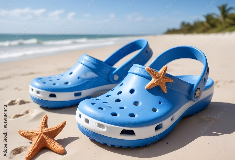 Naklejka premium A pair of blue crocs-style sandals on a sandy beach , with orange starfish decorations on them