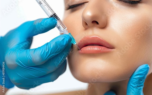 The precision of cosmetic enhancement is depicted as a gloved professional administers an injection to a patient lips  signifying meticulous care in beauty treatments.