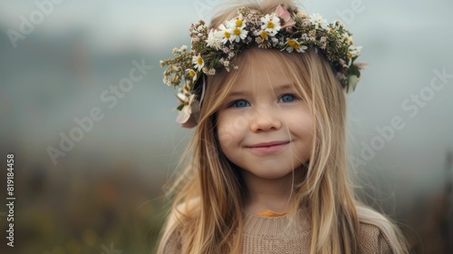 A happy toddler with blond hair and a flower headpiece smiles with an iris in her hand. She stands on the grass, ready for a flash photography session AIG50 © Summit Art Creations