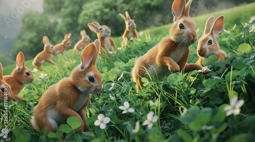 A group of playful rabbits hopping through a lush green meadow, their fluffy tails bobbing in the breeze as they nibble on fresh clover and wildflowers. 32k, full ultra hd, high resolution
