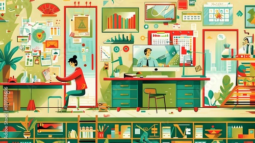 Detailed illustration of a Financial Officer in the workplace with spreadsheets and charts