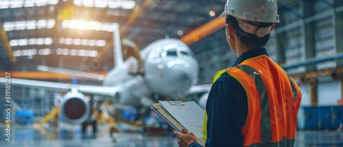 An aircraft maintenance engineer looking at a wide-body passenger plane in a hangar photo