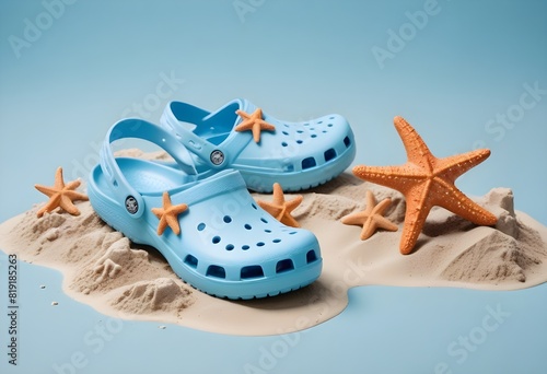  A pair of light blue crocs-style sandals on a sandy beach , with orange starfish decorations on them photo