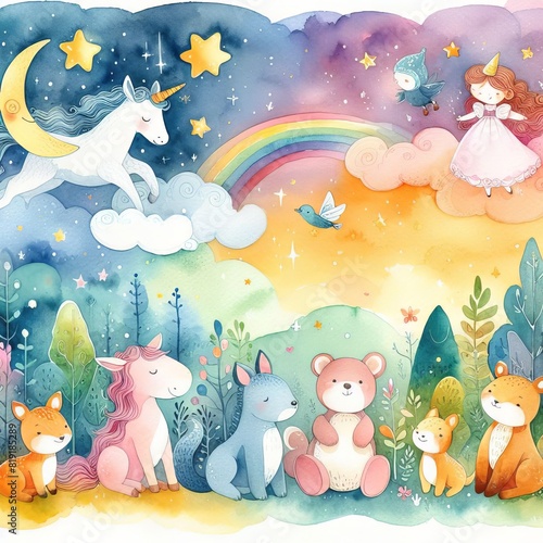 A Whimsical Sunset  Serene Forest Wildlife Under a Starry Sky in Vibrant Hues