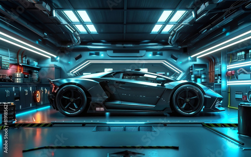 A matte black supercar exudes sophistication in a futuristic hangar setting, surrounded by high-tech equipment. Its angular architecture and state-of-the-art environment encapsulate.