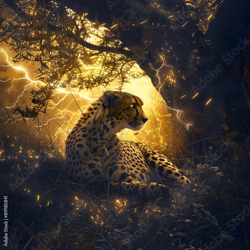 cheetah laydown under the tree while lightning strike down behind in the background photo