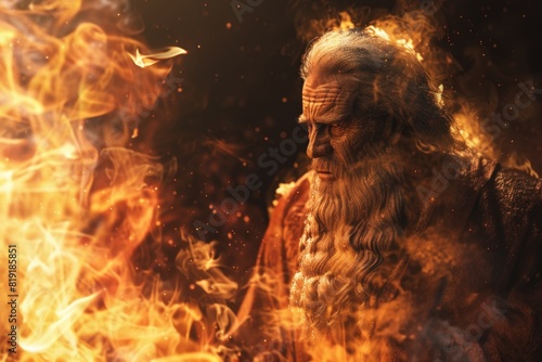 A man with a long beard and a beardless face standing in front of a fire. Suitable for various concepts and themes photo
