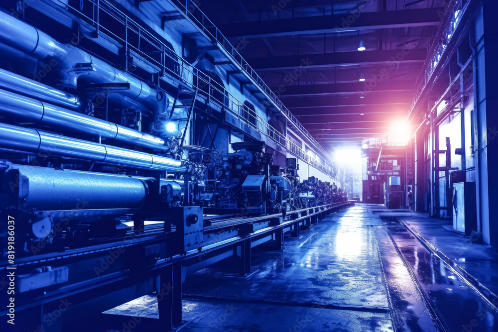 A large industrial space with a blue light shining down on it. The space is filled with stainless steel equipment and machinery A large industrial space with a blue light shining down on it. The space is filled with stainless steel equipment and machinery