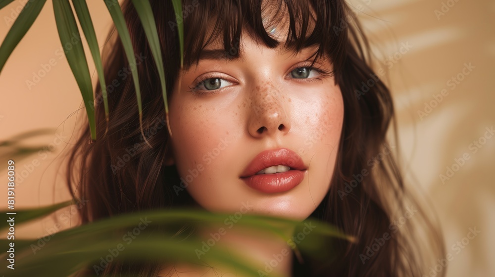 Beautiful model with long, brown hair posing against a soft beige background with a green palm leaf, emphasizing natural beauty and glowing skin. Beautiful model with long, brown hair posing against a soft beige background with a green palm leaf, emphasizing natural beauty and glowing skin.