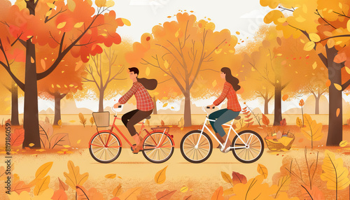 Happy Couple Cycling Through Autumn Park - Enjoy the beauty of autumn with this image of a happy couple cycling through a park, perfect for illustrating outdoor activities or romance concepts. 