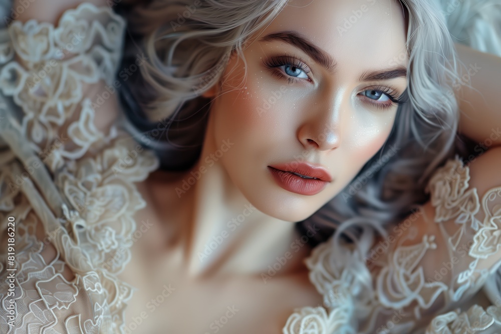 Photography, A beautiful woman with silver hair and pale skin in a lace dress, laying down. Photography, A beautiful woman with silver hair and pale skin in a lace dress, laying down.
