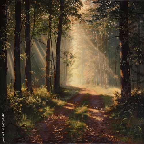 Morning in the forest. Nature background generated by AI