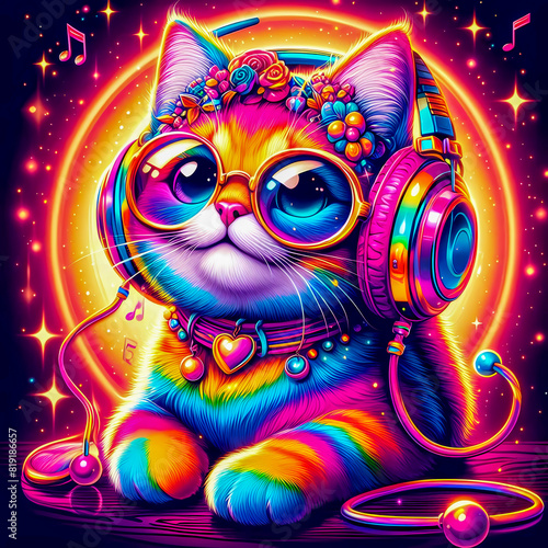 Vibrant colorful illustration of a cat wearing headphones listening to music