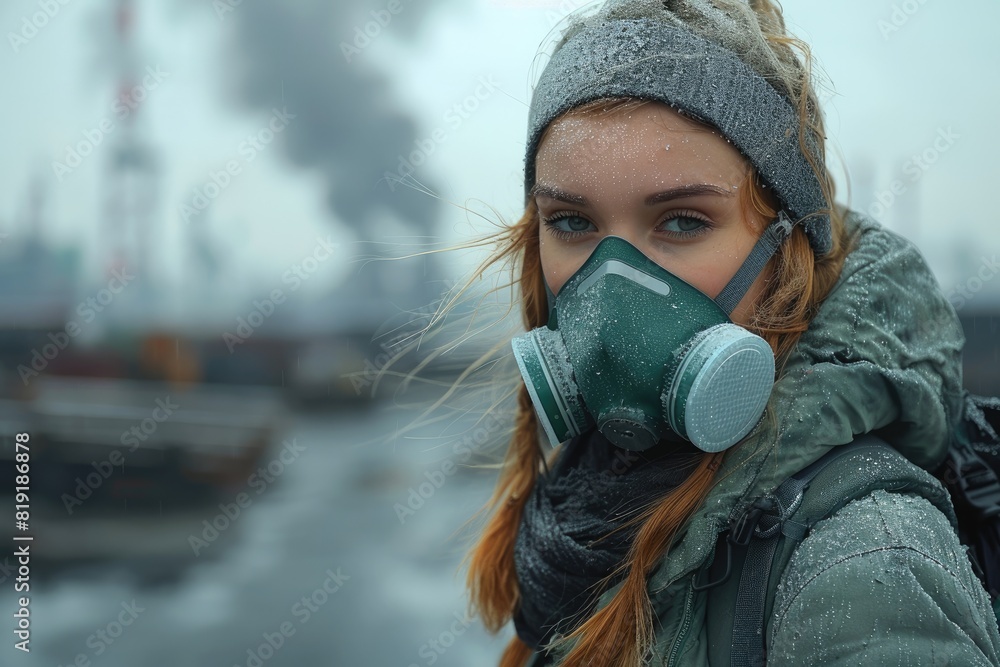 Poor health due to air pollution. A woman protects herself with a mask from industrial emissions. Environmental protection concept. Poor health due to air pollution. A woman protects herself with a mask from industrial emissions. Environmental protection concept.