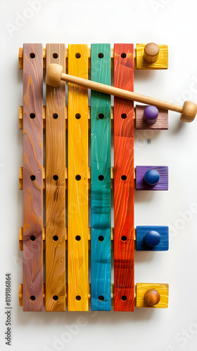 Overhead View of Vibrant Xylophone Highlighting the Music Notes and Mallets