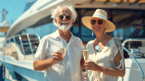 Joyous elderly couple toasting with champagne on a yacht, the sea in the background, portraying an idyllic vacation moment filled with luxury, love, and relaxation