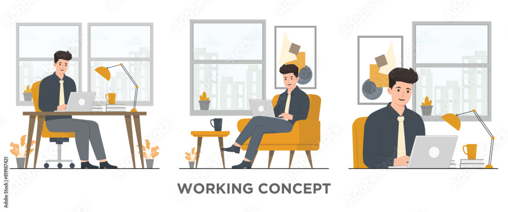 Flat vector people office workers working, desk set concept illustration
Flat vector people office workers working, desk set concept illustration