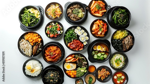 Authentic Korean Cuisine Spread: Top View of Realistic Group of Korean Food on Plain White Background in HD 8K Resolution