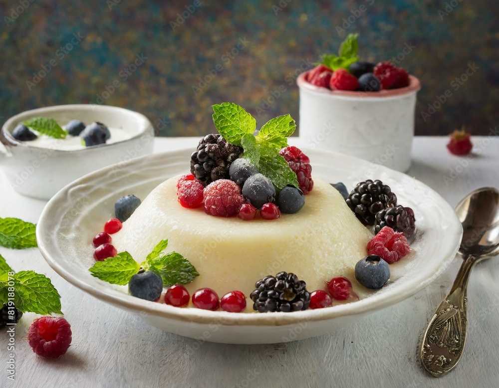 Grießpudding mit frischen Waldbeeren, Sahne und Minze Grießpudding mit frischen Waldbeeren, Sahne und Minze