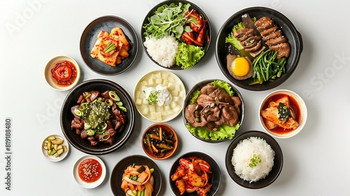 Authentic Korean Cuisine Spread on White Background in High Definition 8K Top View