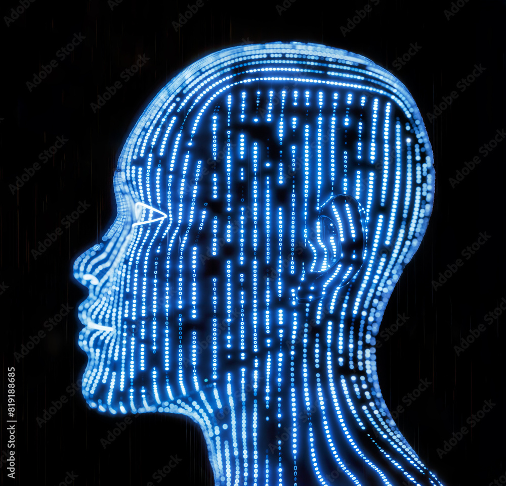 Futuristic-looking head made up of glowing blue binary code on a black background. Futuristic-looking head made up of glowing blue binary code on a black background.