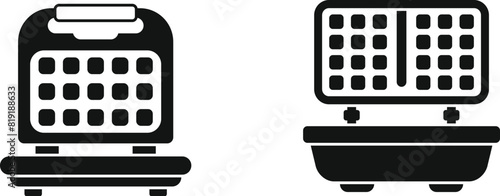 Black vector icons depicting a laptop and a waffle iron, symbolizing technology and cooking