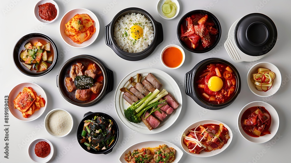 Vibrant Collection of Traditional Korean Food From Above on White Background in Stunning 8K Resolution Vibrant Collection of Traditional Korean Food From Above on White Background in Stunning 8K Resolution