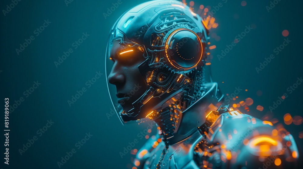 Portrait male cyborg with glowing orange eyes black silver metallic face Portrait male cyborg with glowing orange eyes black silver metallic face