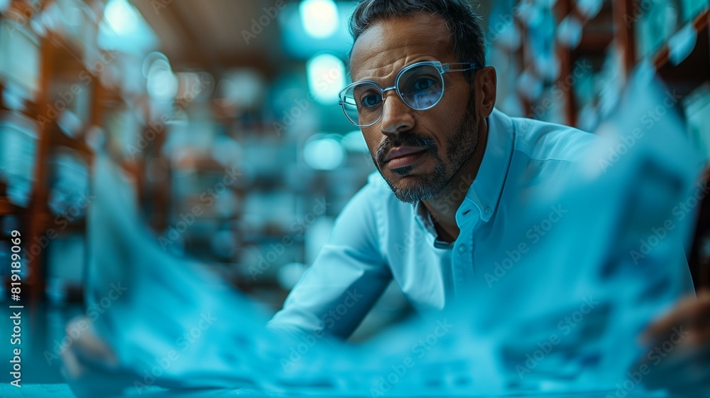 Thoughtful businessman looking at camera with papers on foreground Thoughtful businessman looking at camera with papers on foreground
