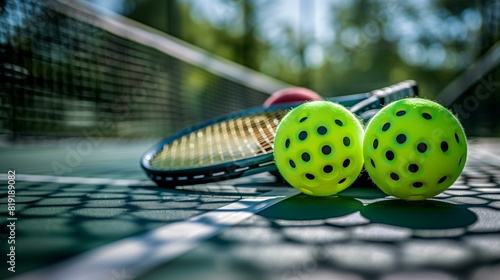 Pickleball paddles balls on pickleball court