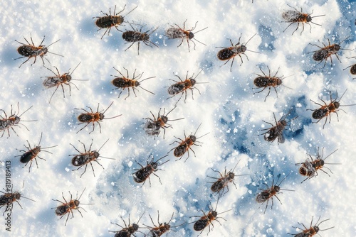 Group of bugs standing in snowy landscape. Suitable for winter themes