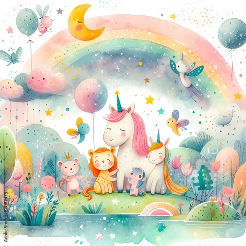 Whimsical Nature Scene  A Colorful Adventure with Mythical Creatures in a Magical Forest