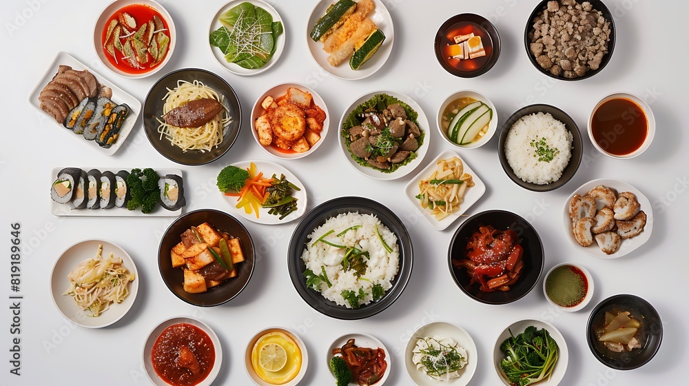Vibrant Collection of Korean Food from Above on Plain White Background in High Definition 8K Resolution Vibrant Collection of Korean Food from Above on Plain White Background in High Definition 8K Resolution
